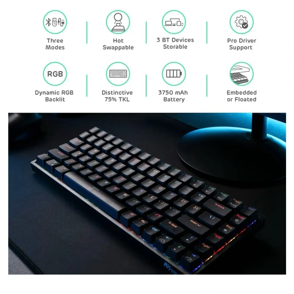 NEW in box RK84 Royal Kludge Wireless RGB 75% Triple Mode Swappable Keyboard L